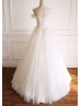 Off The Shoulder Ivory Lace Tulle Basque Waist Wedding Dress